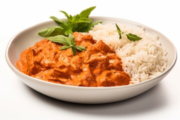 Delicious chicken tikka masala on a palm leaf plate against a white background