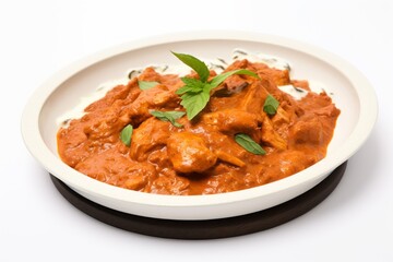 Delicious chicken tikka masala on a palm leaf plate against a white background