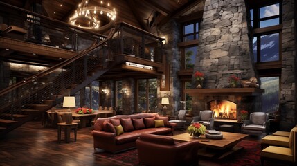 Rustic modern mountain chalet great room with soaring timber framing suspended catwalk bridges huge stone fireplace and cozy loft nooks.