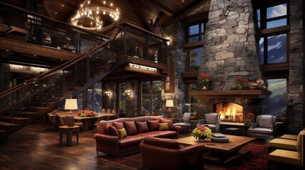 Obraz premium Rustic modern mountain chalet great room with soaring timber framing suspended catwalk bridges huge stone fireplace and cozy loft nooks.