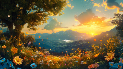 Fototapeta na wymiar Stunning natural landscape with flowering plants and a mountain meadow in the background during a beautiful sunset. Springtime concept.