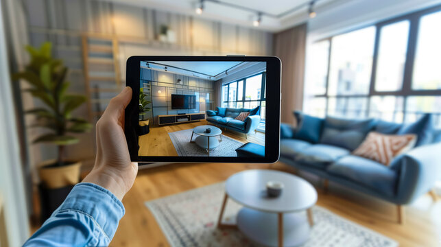 First person view, a person uses a phone with augmented reality technology. Visualization of the interior of your home using a smartphone. 