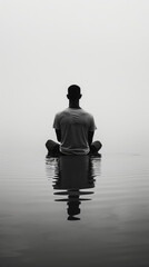 Lonely Man sitting in the lotus position on the surface of the water, black and white image. Meditation and tranquility concept. Mental health. Loneliness, depression and sadness. Vertical banner