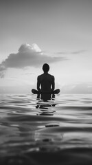 Lonely Man sitting in the lotus position on the surface of the water, black and white image. Meditation and tranquility concept. Mental health. Loneliness, depression and sadness. Vertical banner