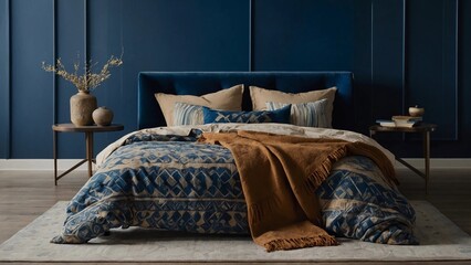 bed in hotel room,A bedroom with blue walls, a blue bed frame, a rug, and a patterned comforter