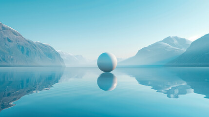 Minimalist ball floating above water on background norwegian nature. Calmness and Mental health concept. Zen and meditation.