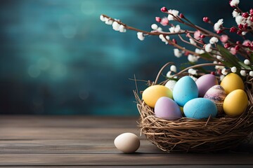 Easter eggs in the basket of wooden boards and copy space - generative ai