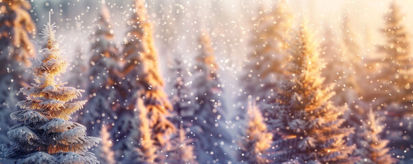 A snow-covered pine forest with the early morning sun casting a golden glow on the trees, snow particles gently falling,