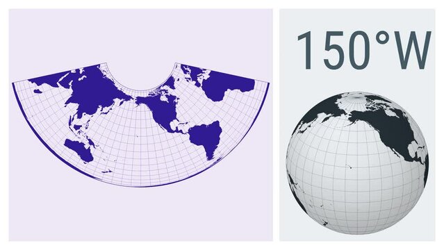 World Map Animation. Albers conic equal-area projection. Solid color style. Animated world map in Conic Equal Area projection. Loopable animation showing longitude shift and matching globe.