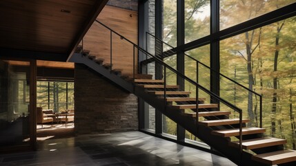 Obraz premium Rustic modern wood and steel home stair with floating treads glass railings and window walls overlooking surrounding wilderness.