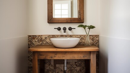 Rustic powder room with reclaimed wood vanity patterned cement tile floor and vintage mirror.