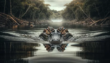 Fototapeten A crocodiles eyes and snout emerge above the waters surface in a calm river amidst a forest. © Alex
