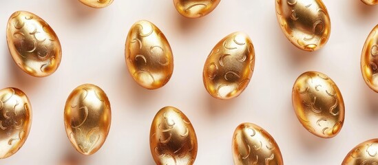 Golden Easter eggs seen up close on a white background, presenting a minimalist Happy Easter theme.