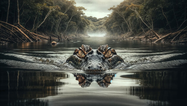 A crocodiles eyes and snout emerge above the waters surface in a calm river amidst a forest.
