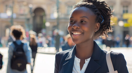 Walking through a bustling city square, the dark-skinned woman in a business suit engages in a discussion with local entrepreneurs, her smile fostering connections across diverse c - obrazy, fototapety, plakaty
