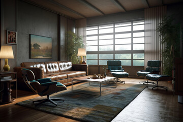 Cozy interior of living room in modern house in Retro style.