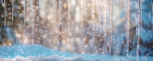 A cluster of icicles hanging from a snow-laden branch, each icicle detailed and shimmering,