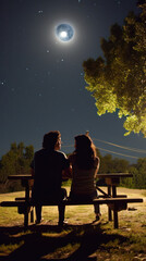 picture of couple sitting under the big moon light in grass field, tree mid summer night talking about love and life in background 