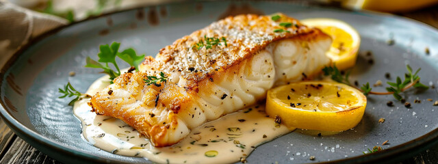 fried cod fillet with cream sauce and lemon