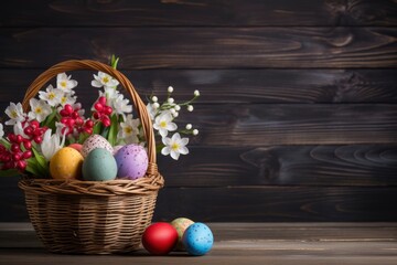 Easter eggs in the basket of wooden boards and copy space - generative ai
