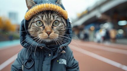 Unique Cat in Jacket and Beanie Outdoors