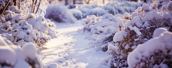 A snowy path leading through a winter garden, the plants covered in snow, scene softly blurred with ample copy space.