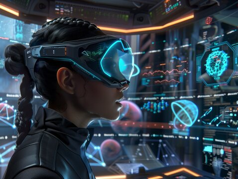 A woman wearing a virtual reality headset is looking at a computer screen. The computer screen is filled with various images and graphs, and the woman is focused on the screen