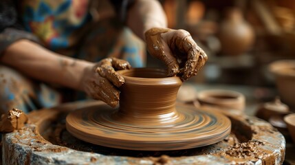 Close-up of an artisan's hands skillfully shaping wet clay on a spinning pottery wheel, surrounded by tools and unfinished pieces. Resplendent.