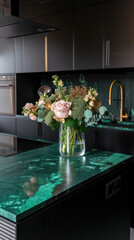 modern kitchen in dark color theme , big flower in vase sitting on the marble counter  on the decorated wall in nice texture in background 