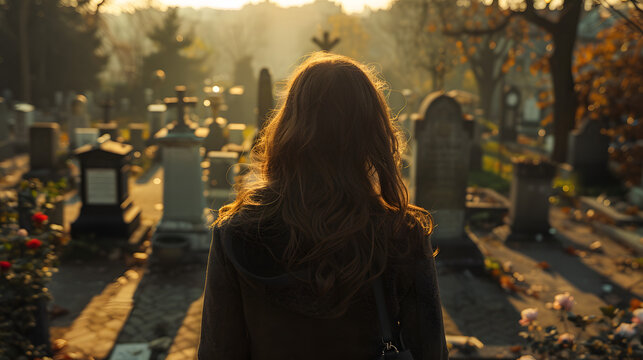 Rear view ai generated picture of sad lonely person visiting relatives standing at cemetery alone