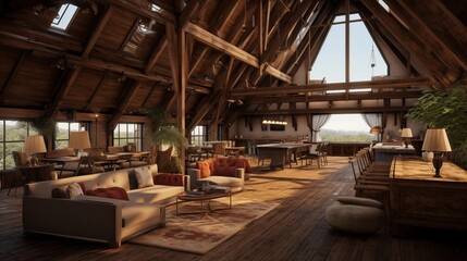 Fototapeta na wymiar Rustic reclaimed barn great room retreat with 30-foot ceilings king post trusses integrated climbing wall and loft guest suite.