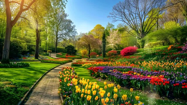 Beautiful colorful tulip garden in spring in the morning. seamless looping 4k time-lapse video background