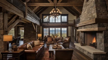 Papier peint photo autocollant rond Mur chinois Rustic reclaimed barnwood great room with soaring vaulted ceilings heavy timber trusses floor-to-ceiling stone fireplace.