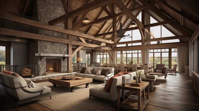 Rustic reclaimed barn great room retreat with 30-foot ceilings king post trusses integrated climbing wall and loft guest suite.