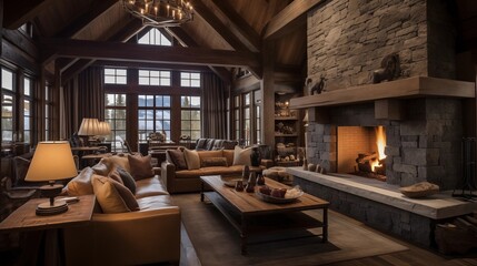 Rustic reclaimed chalet-style ski retreat great room with towering timber framing plank walls and oversized stone fireplace inglenook.
