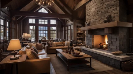 Rideaux tamisants Mur chinois Rustic reclaimed chalet-style ski retreat great room with towering timber framing plank walls and oversized stone fireplace inglenook.