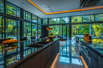 Kitchen veiw of a chic modern design of a dark expensive interior of a luxurious country house with huge panoramic windows. - obrazy, fototapety, plakaty