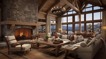 Rustic ski retreat living room with heavy timber trusses towering stone fireplace and cozy window seats.