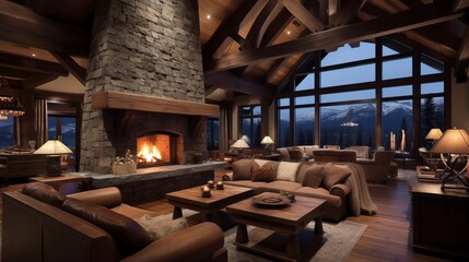 Rustic ski retreat living room with heavy timber trusses towering stone fireplace and cozy window seats. - obrazy, fototapety, plakaty