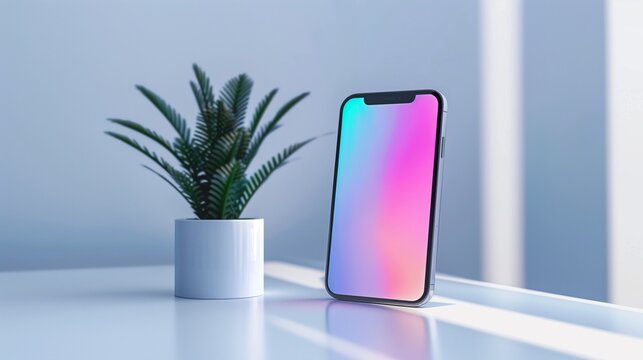 A smartphone mockup on a display. An iphone. Digital age. Modern gadgets. Device and technology concept.