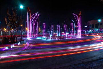 Abstract Light Trails: Long exposure capturing colorful light trails from passing vehicles, creating a dynamic urban scene.

