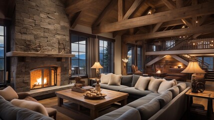 Rustic yet chic mountain ski chalet with heavy timber beams stone fireplace and cozy cabin aesthetic.