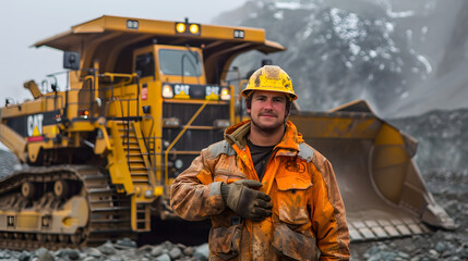 A mining worker posing in front of large dozer