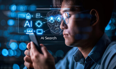Modern technological concept of artificial intelligence and machine learning Person using smartphone with AI and search icons displayed, integration of advanced algorithms & human-computer interaction