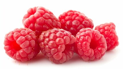 A few raspberries on white isolated background. A pile of raspberries. Delicious berries. Organic food. Healthy eating concept.
