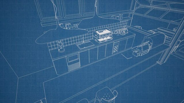 Boceto del interior de restaurante cafetería, vídeo de animación 3d 4k 60fps