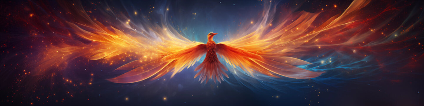Adorable phoenix bird with majestic wings spread graces fantastical cosmic landscape, Concept of awakening spirituality. Magical fantasy epic wallpaper