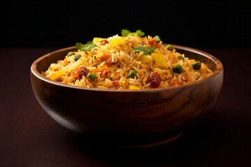 Delicious fried rice in a clay dish against a minimalist or empty room background