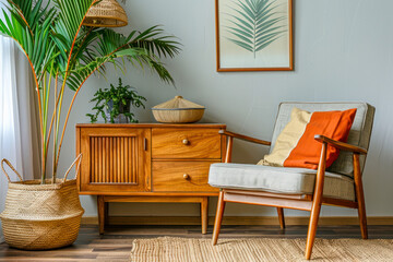 Stylish interior design of living room with wooden retro commode, chair, tropical plant in rattan pot.