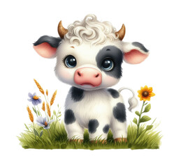 Cute cartoon calf in the grass with flowers. Watercolor illustration